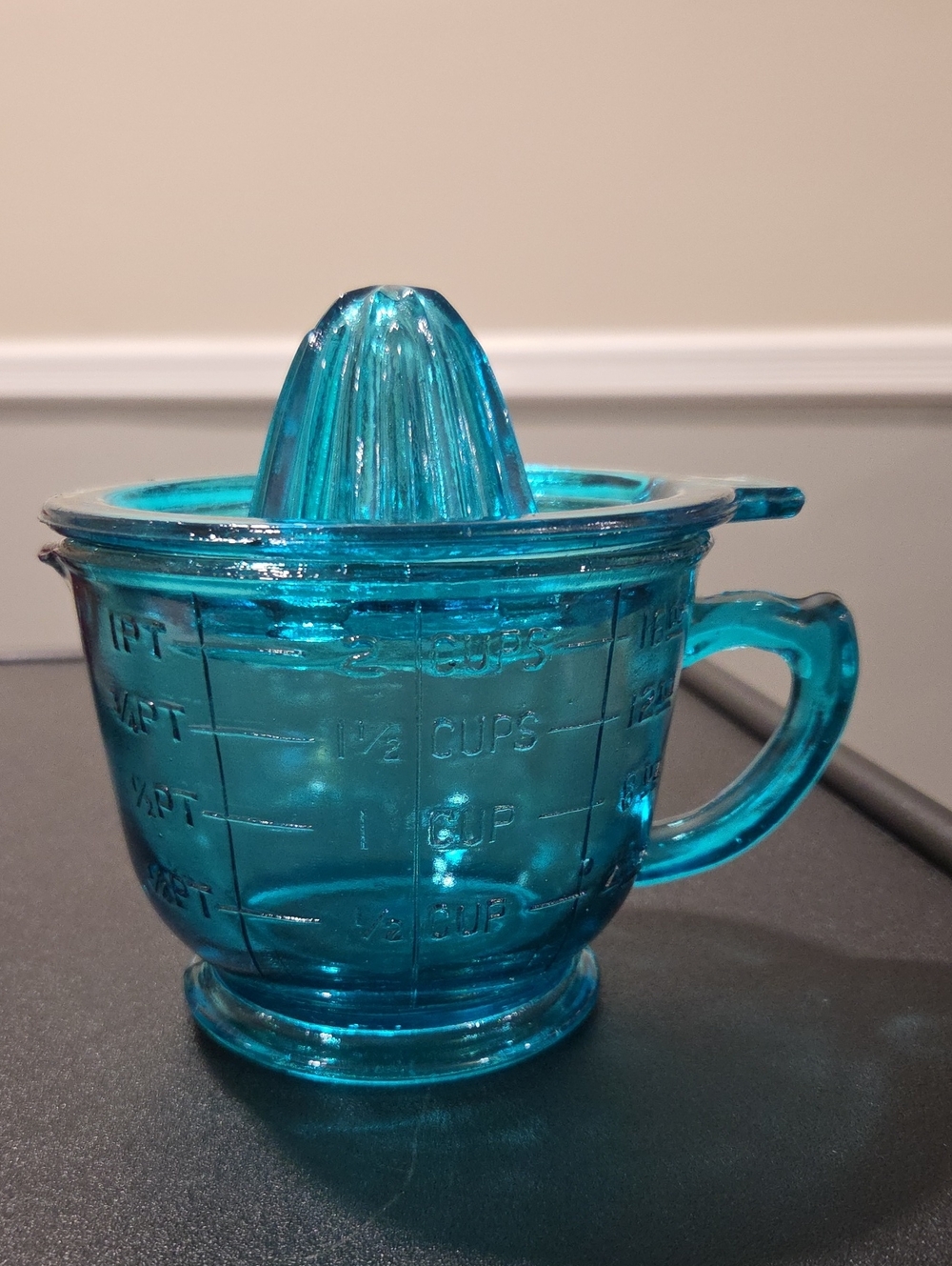 Blue Glass Citrus Juicer with Measuring Cup